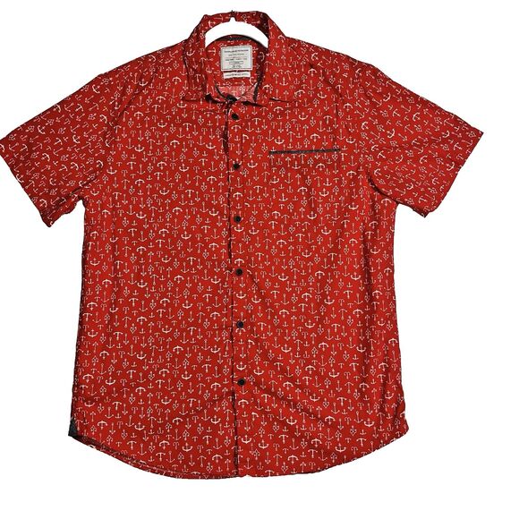 Travelers Collection Slim Fit S/S Button Down Shirt Men Large Red/White Anchors - Picture 1 of 8
